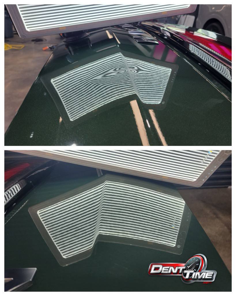 Line board reflection over a dent on a dark green panel, then the same panel with the lines running straight after paintless repair