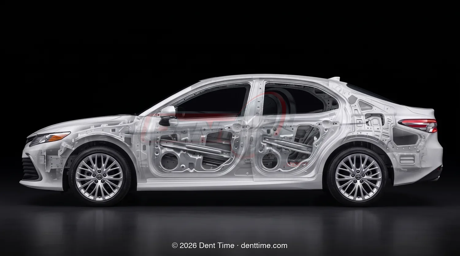 Camry with the panels made transparent, showing the internal bracing that decides paintless dent repair access