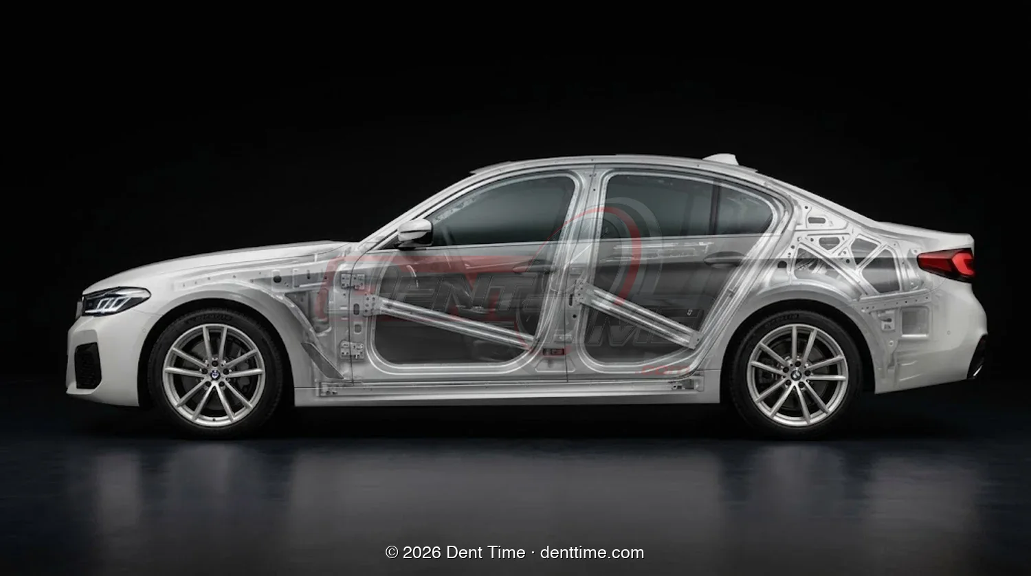 A BMW with the paint made transparent, showing the bracing and beams behind the panel