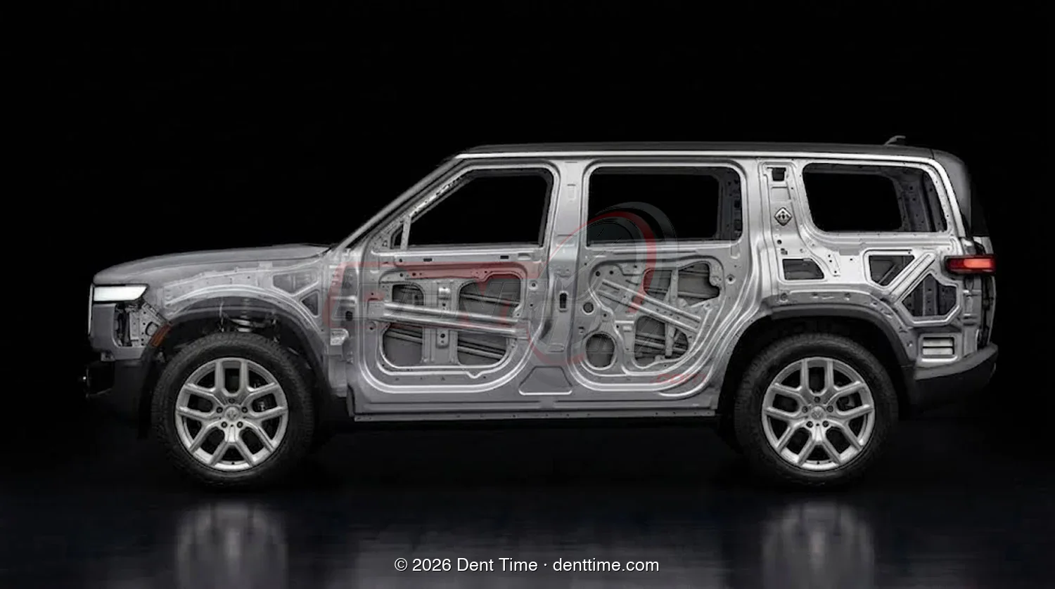 A Rivian with the paint made transparent, showing the bracing and beams behind the panel