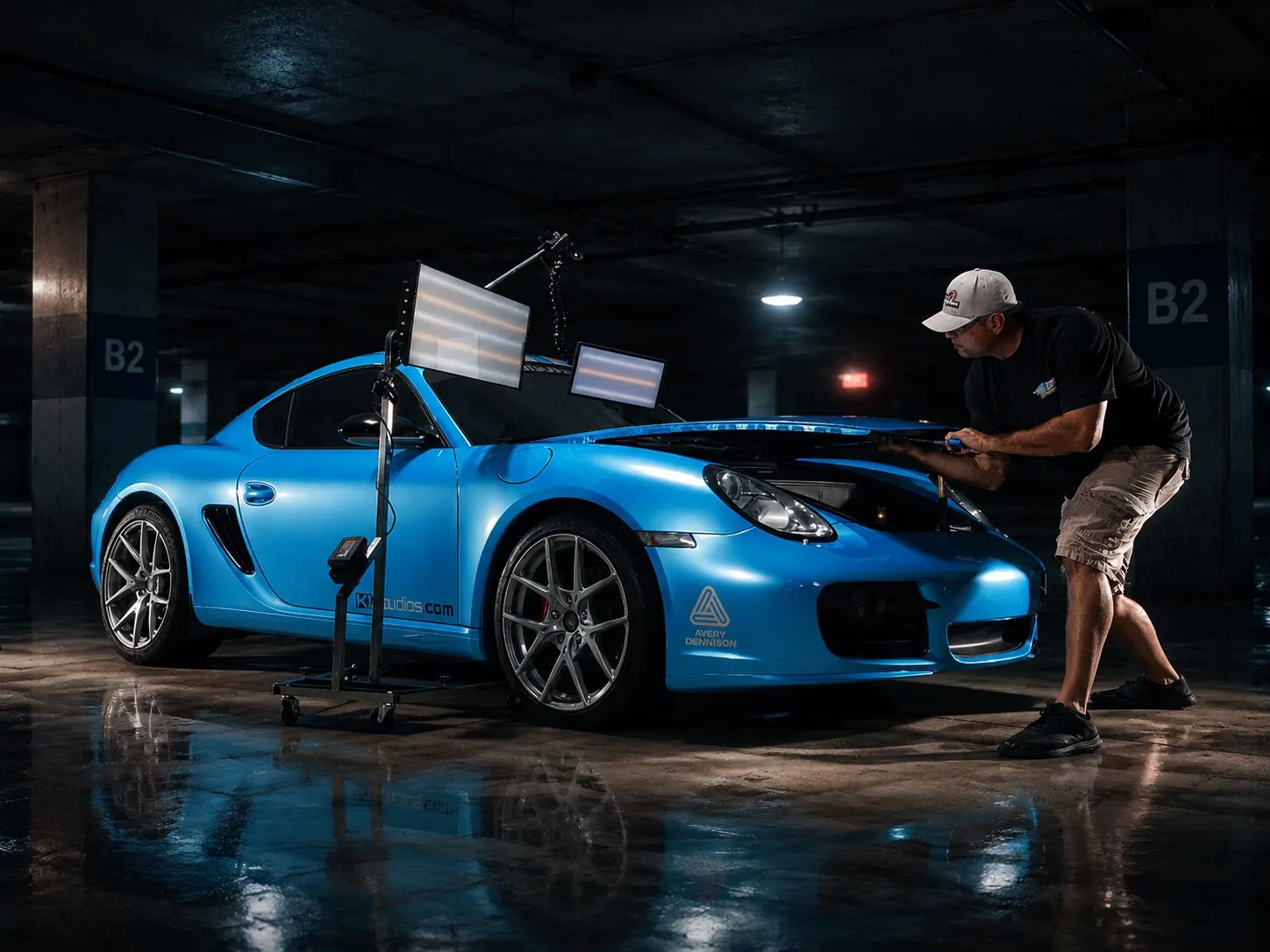 Myke Toledo repairing a dent on a blue Porsche Cayman in an underground parking garage