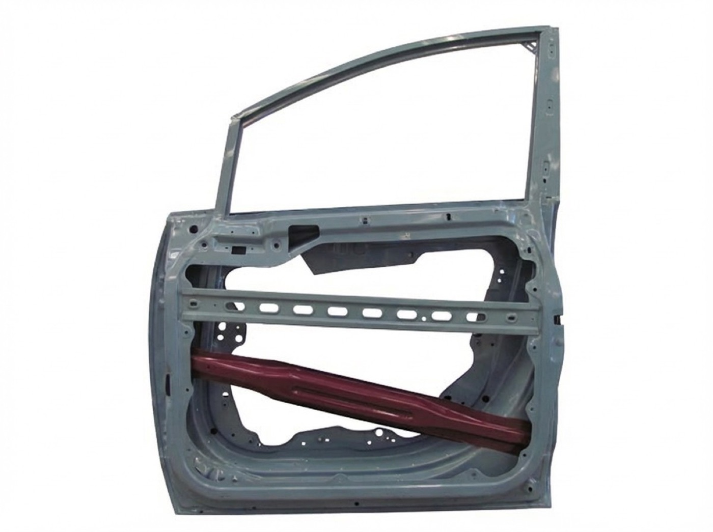 Inside of the same car door showing the impact beam and bracing behind the panel