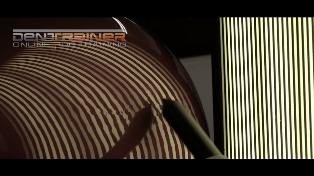 Sharp deep crease in a motorcycle gas tank read under a line board